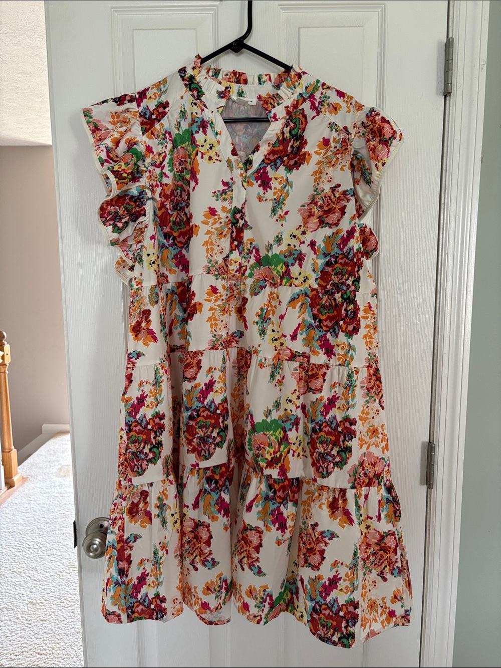 Floral Tiered Mini Dress in Cream with Multi-Color Print